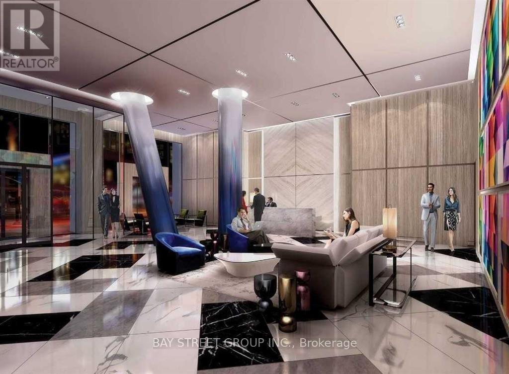 A modern living room with a marble floor and a glass wall.