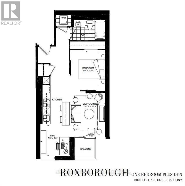 A black and white floor plan for a one bedroom plus den apartment.