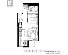 A black and white floor plan for a one bedroom plus den apartment.