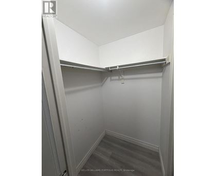 A small, empty walk-in closet with a grey carpet.