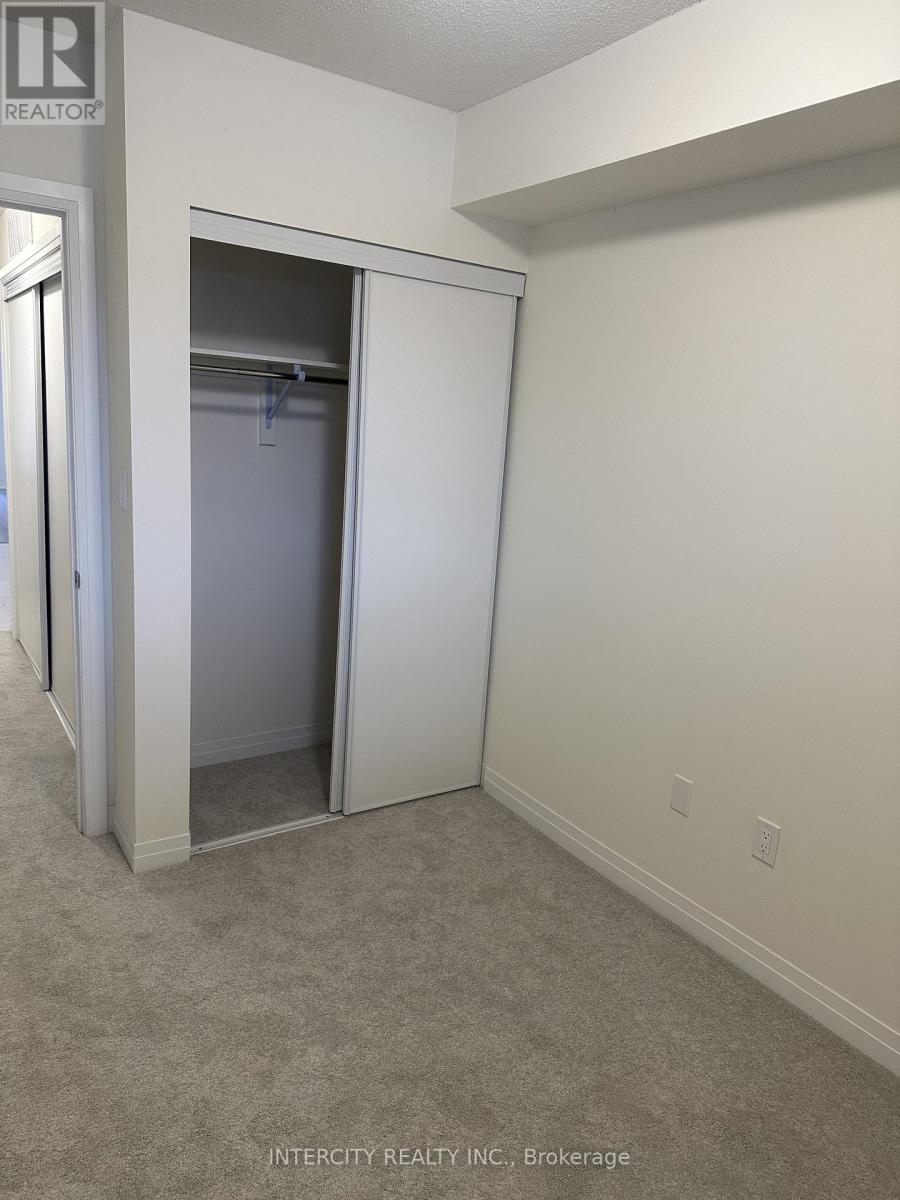 A bedroom with a white closet and carpeted floor.