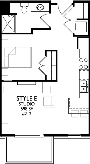 A black and white image of a floor plan for a studio apartment.