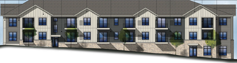 A rendering of a multi-story building with a mix of windows and balconies.