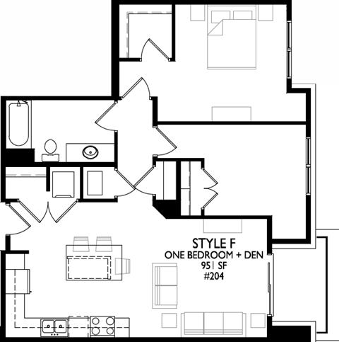 A black and white image of a floor plan for a one bedroom apartment.