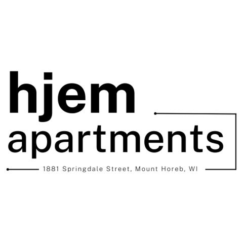 A black and white image of a sign for Hjem Apartments.