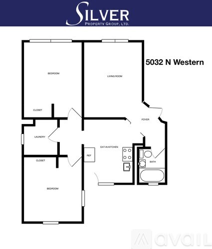 A floor plan for a property at 5032 N Western shows a living room, two bedrooms, a bathroom, a laundry area, a pantry, and a foyer.