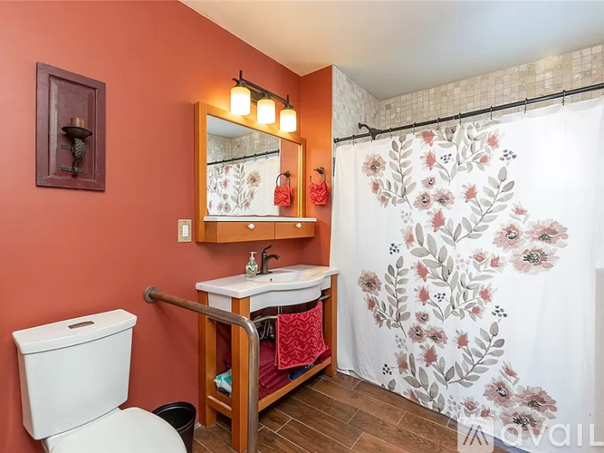 A bathroom with a toilet, sink, and shower curtain.
