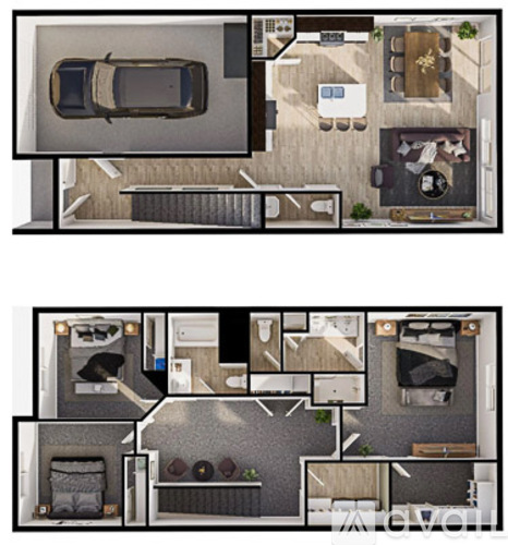 A floor plan of a two-story house with a garage and a car.