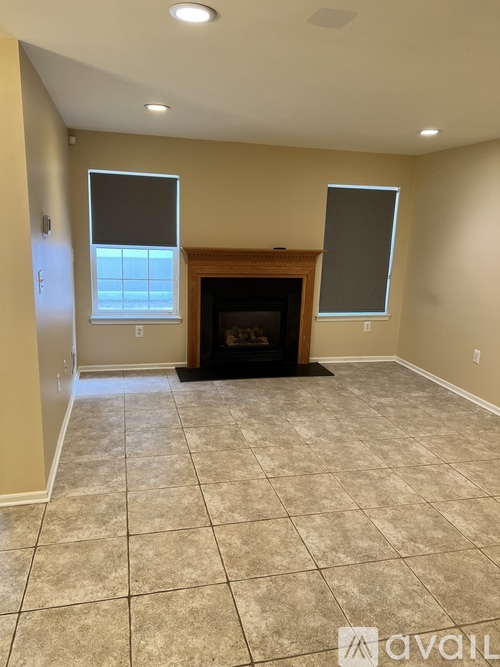 A living room with a fireplace and two windows.