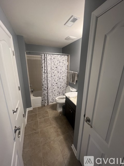A bathroom with a toilet, sink, and shower curtain.