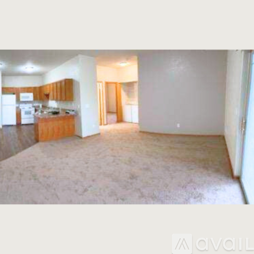 A living room with a kitchen in the background.