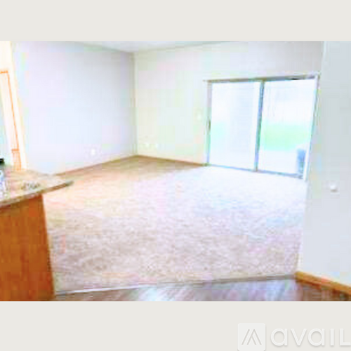 A room with a carpeted floor and a sliding glass door.