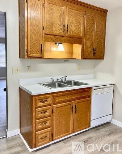 A kitchen with wooden cabinets and a white sink.
