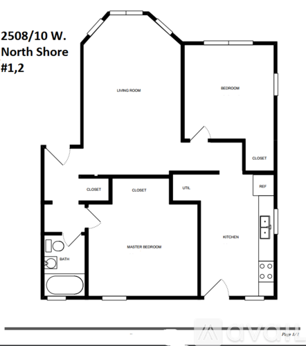 A black and white image of a floor plan for a two bedroom apartment.