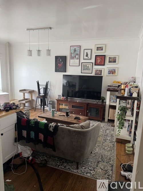 A living room with a grey couch and a television.