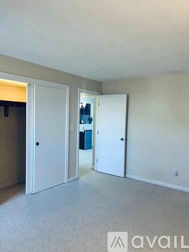 A room with two white doors and a carpeted floor.