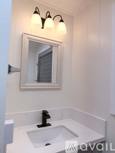 A bathroom with a white sink and a mirror above it.