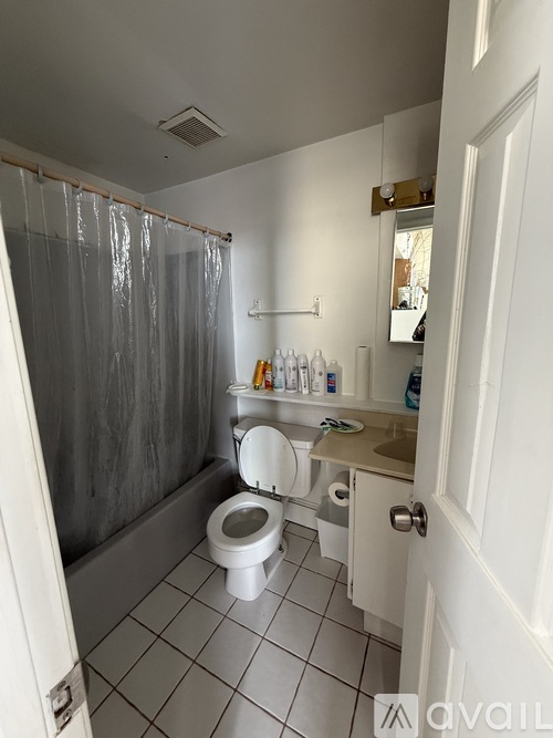 A bathroom with a toilet, sink, and shower curtain.