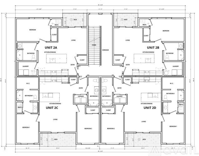 A floor plan of a building with four units, each with a kitchen, living room, and bathrooms.