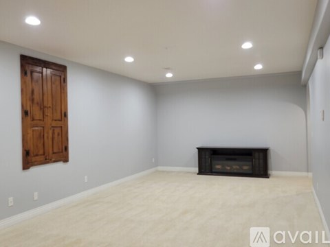 A spacious room with a fireplace and a wooden door on the wall.