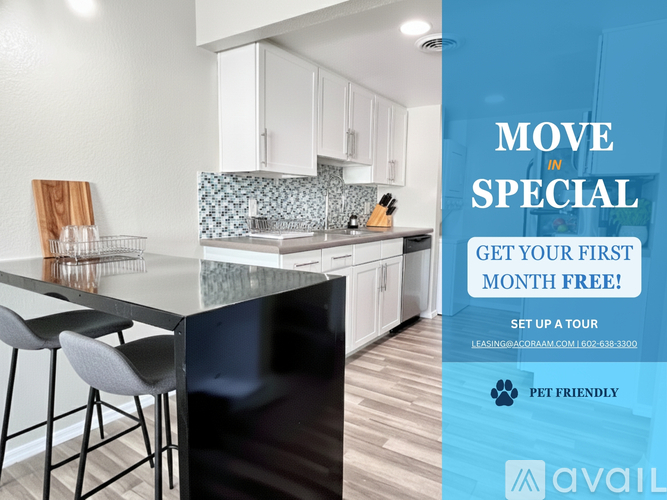 A kitchen with a countertop and chairs is advertised for rent.