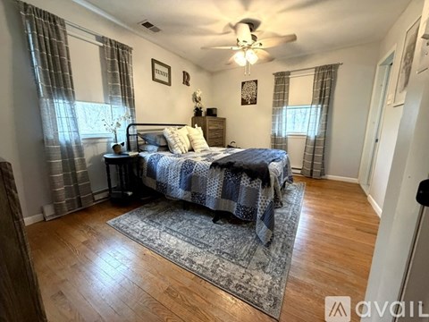 A bedroom with a bed, a ceiling fan, and a rug.