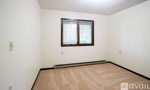 A room with a carpeted floor and a window with blinds.