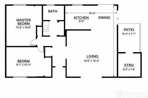 A floor plan of a house with a master bedroom, a second bedroom, a kitchen, a dining area, a living room, a patio, and a study.