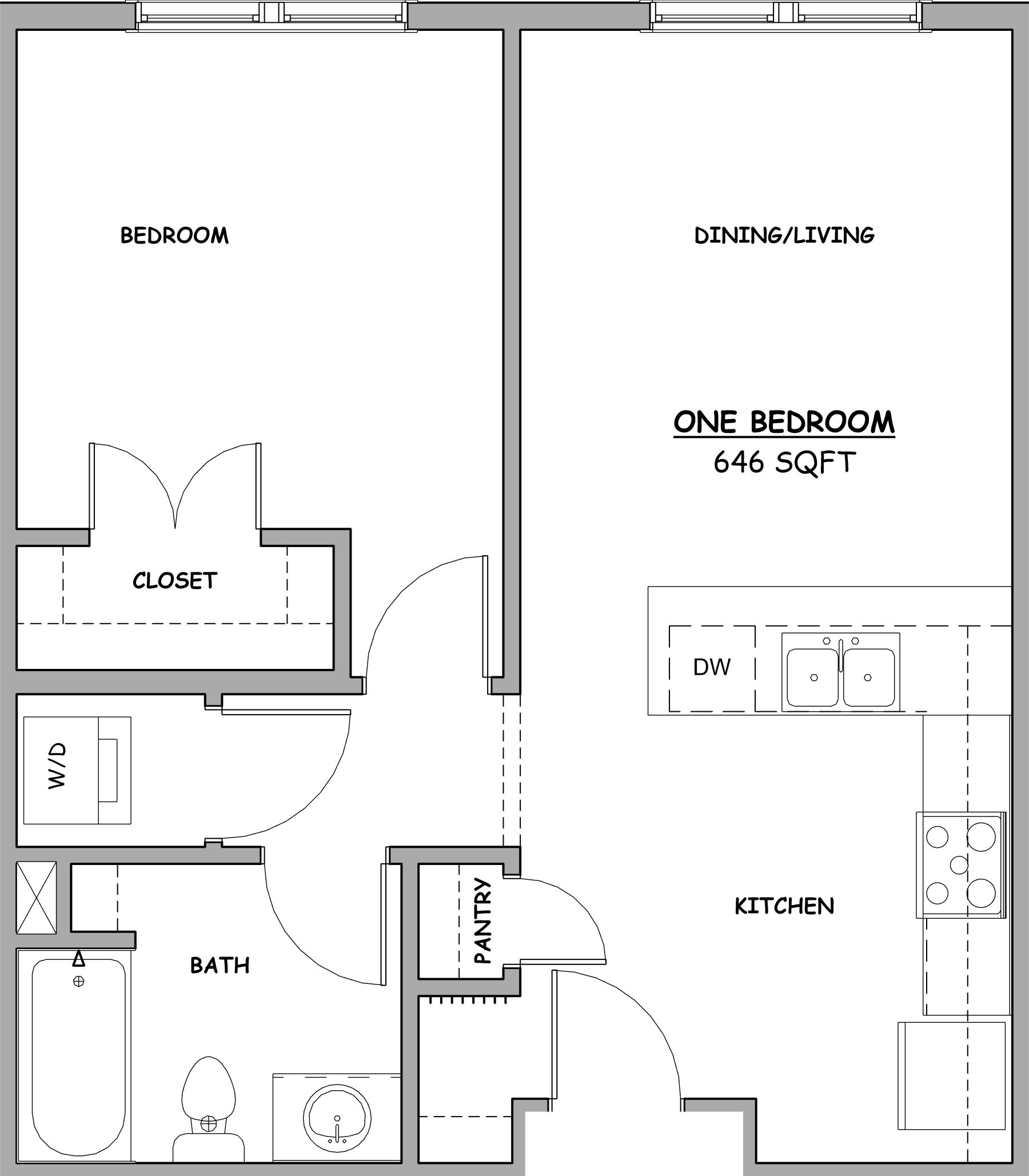 A floor plan of a one bedroom apartment sized 646 square feet.