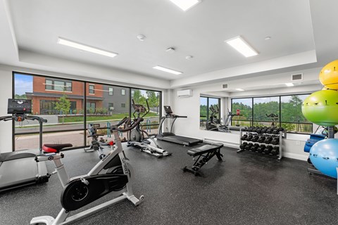 A gym with a variety of equipment including treadmills, stationary bikes, and weight racks.