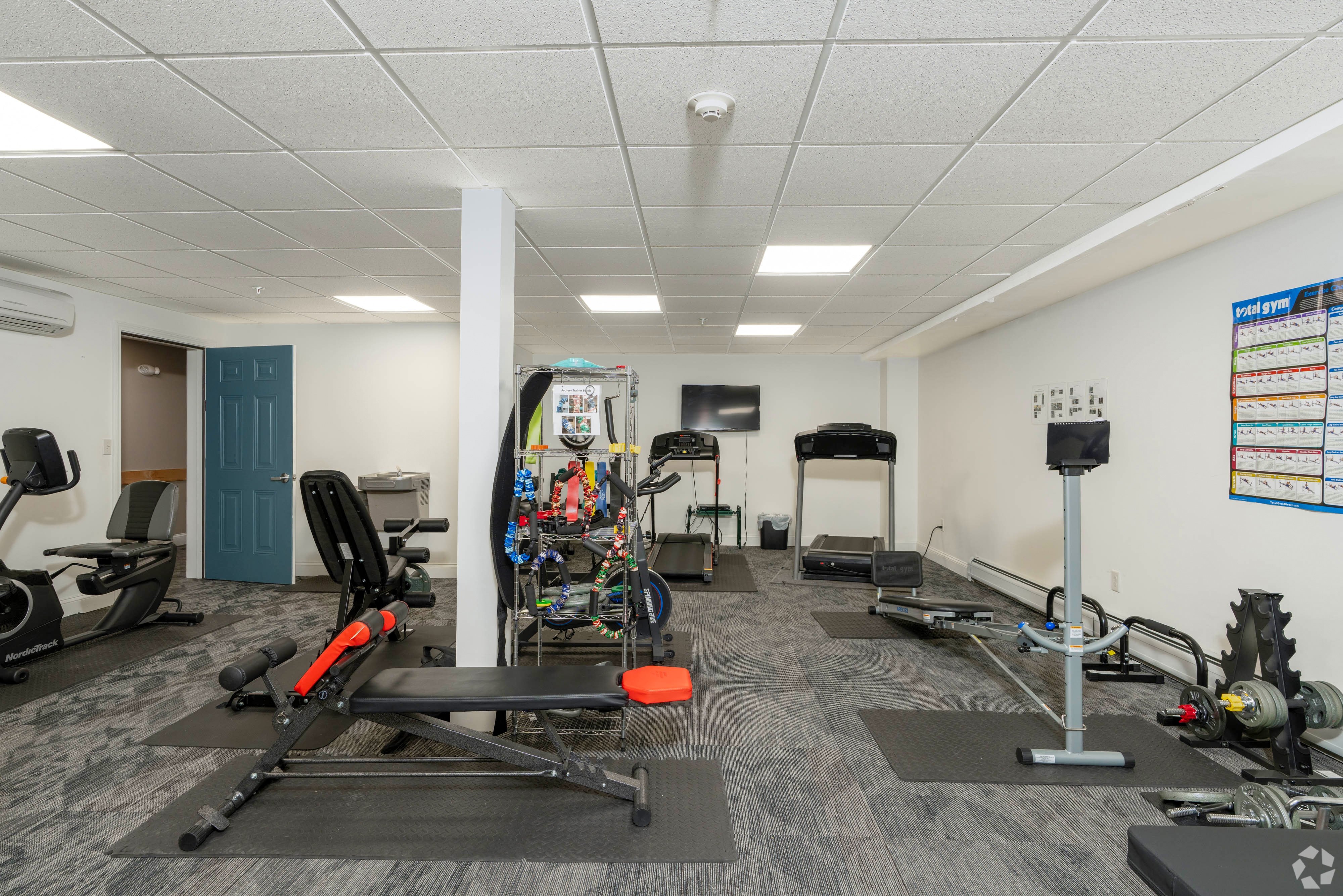 A gym with a variety of equipment including treadmills, stationary bikes, and weight machines.