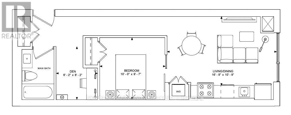 A floor plan of a house with a den, red room, and living room.