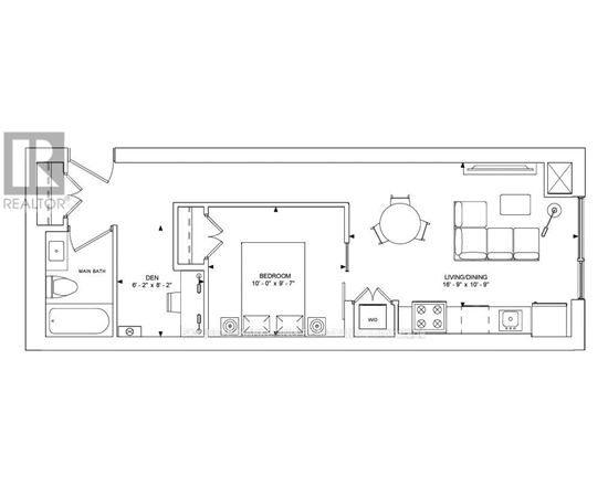 A floor plan of a house with a den, red room, and living room.