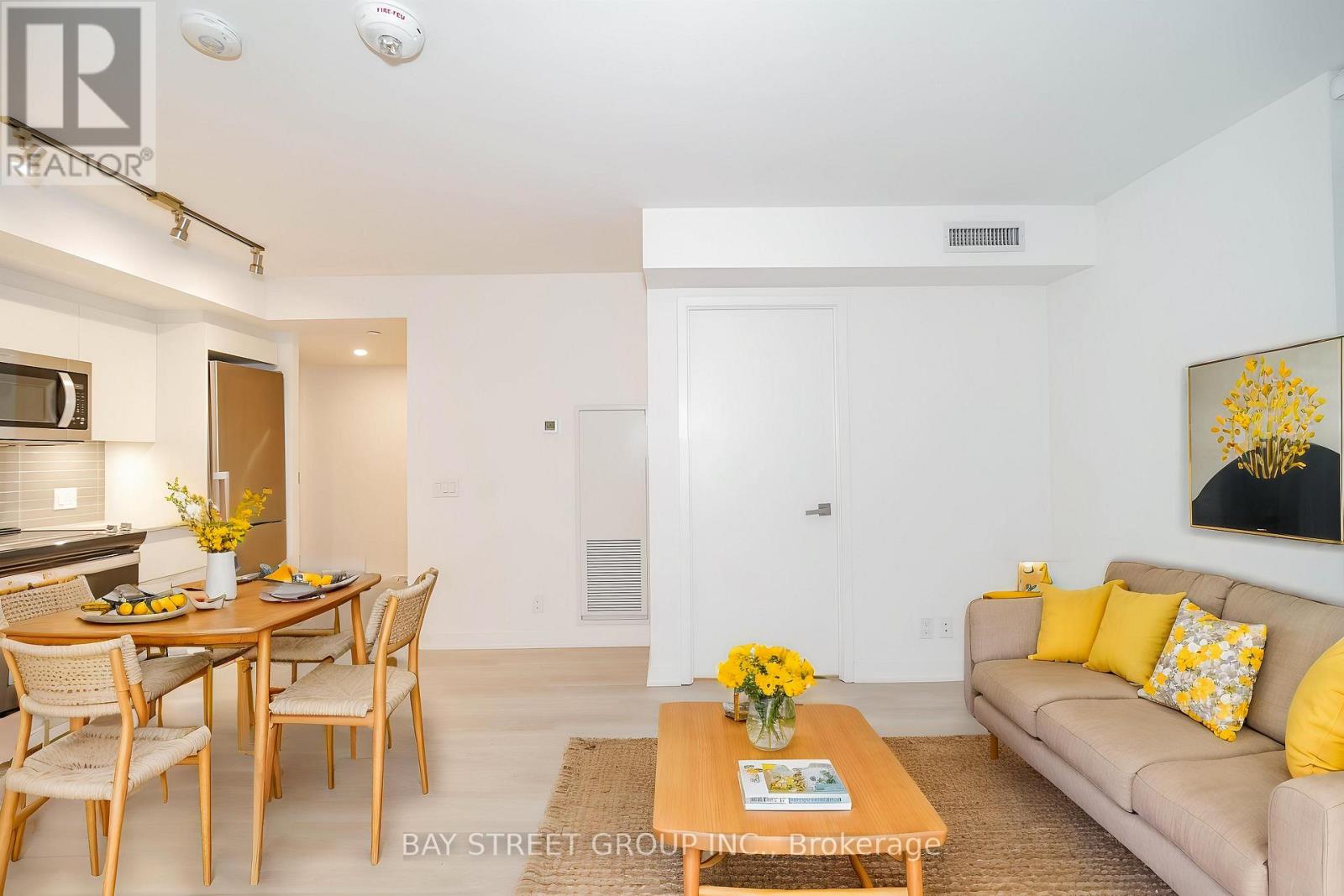 A living room with a dining table and a couch.