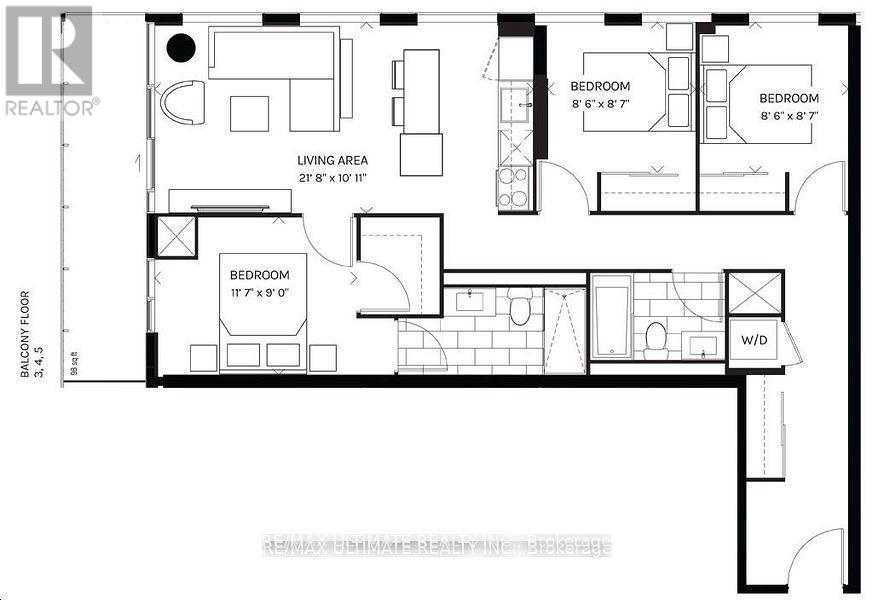 A black and white image of a floor plan for a house with three bedrooms and a living area.
