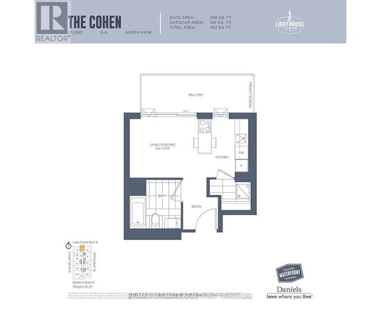 A floor plan for a suite area, outdoor area, and living/sleeping area is shown.
