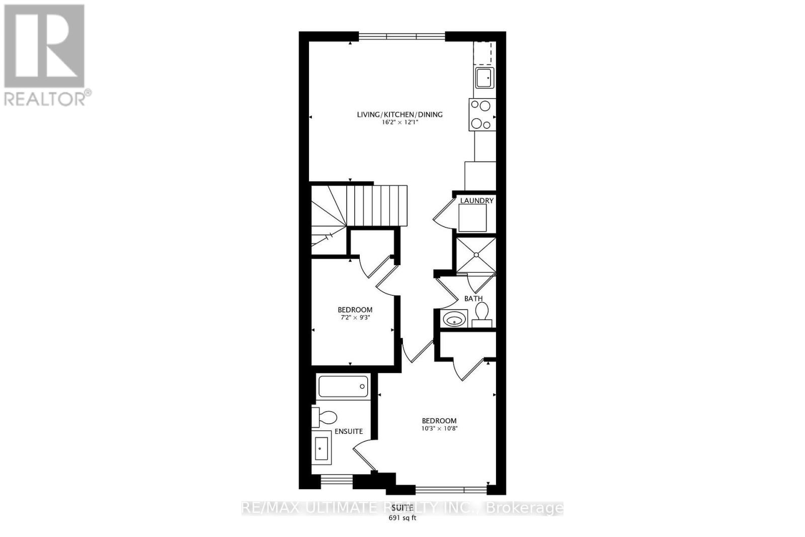 A black and white image of a floor plan for a home with a living room, dining room, and two bedrooms.