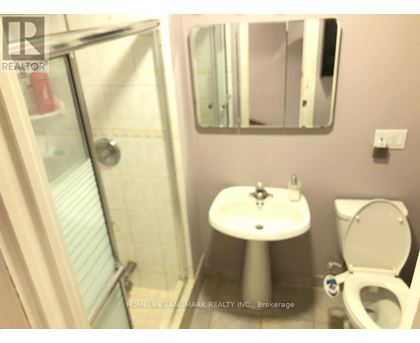 A white sink with a toilet and a shower in a bathroom.