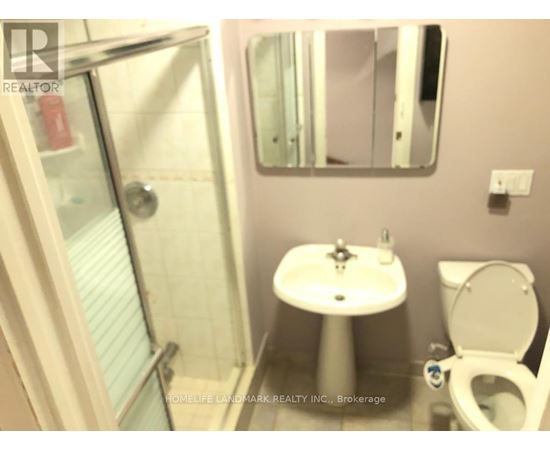 A white sink with a toilet and a shower in a bathroom.