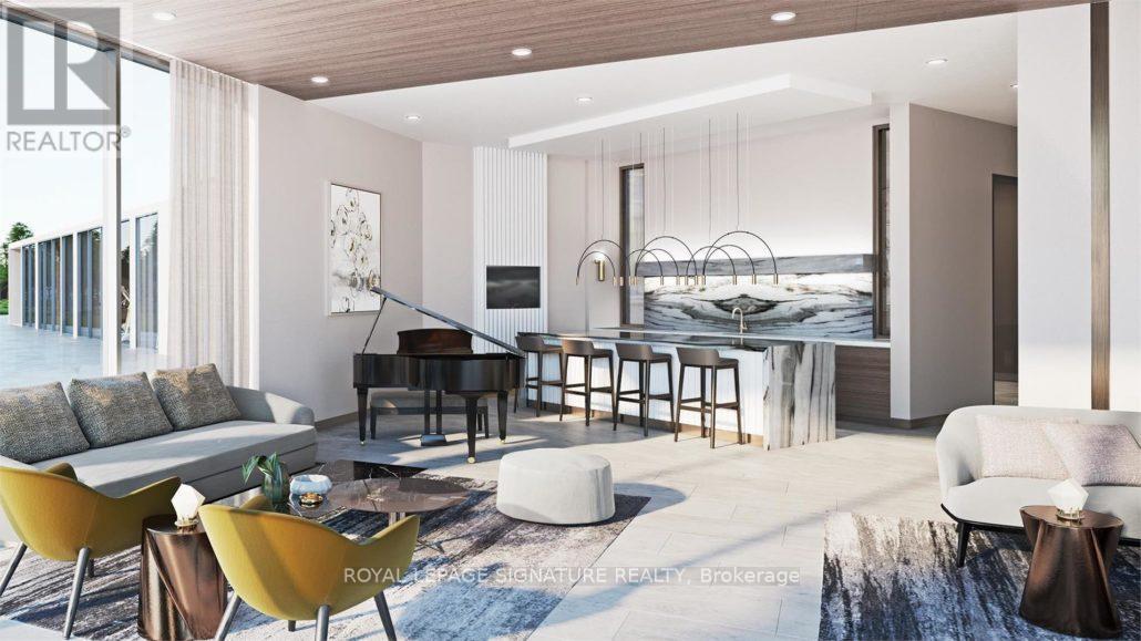 A living room with a piano and a view of the water.