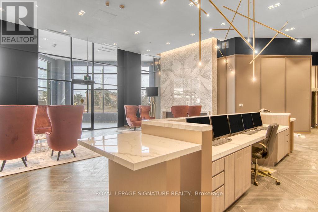A modern office space with wooden floors and furniture.