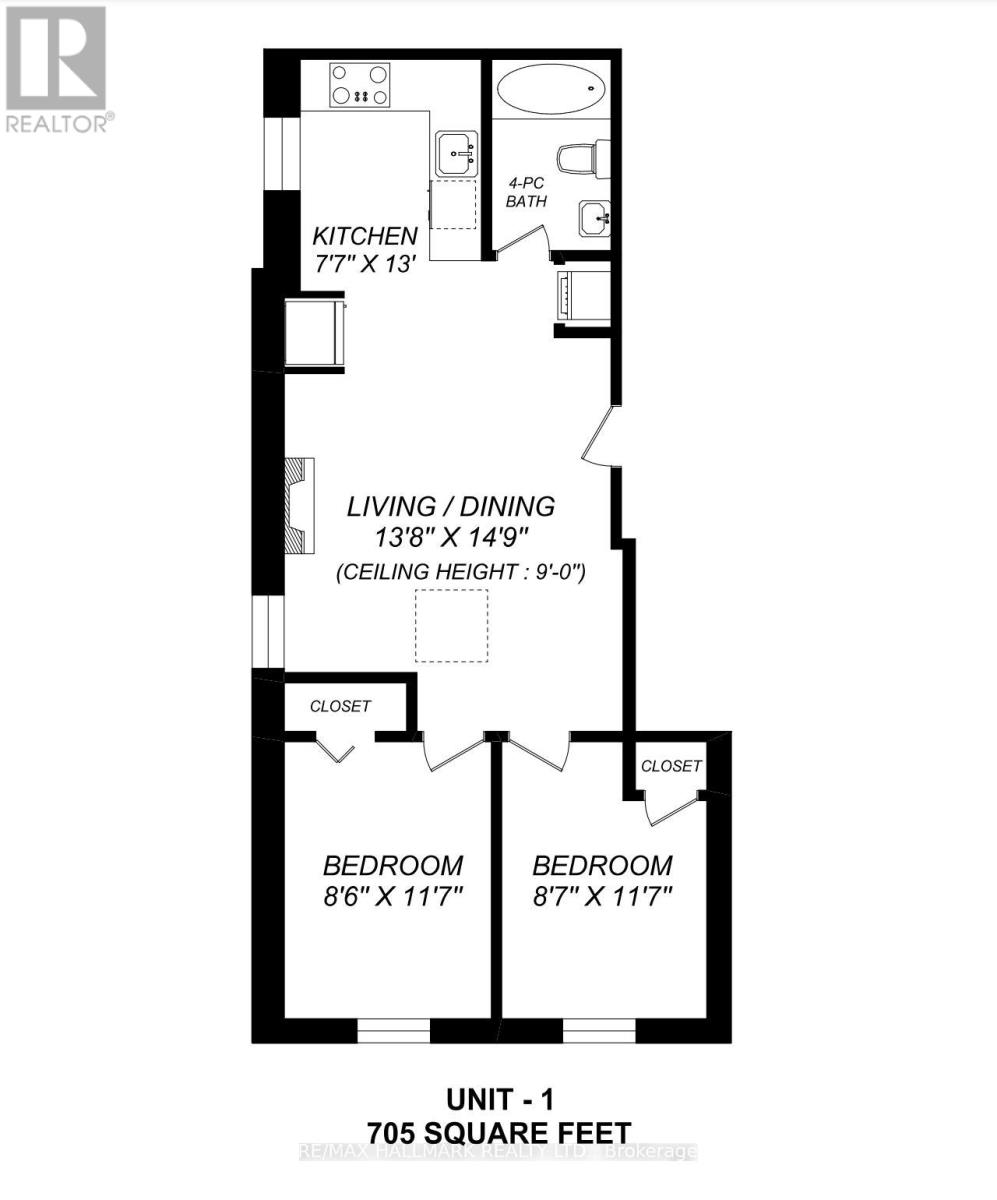 A floor plan for a 705 square foot unit with two bedrooms and a living/dining area.