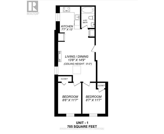 A floor plan for a 705 square foot unit with two bedrooms and a living/dining area.