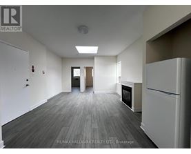 A spacious room with a fireplace and a refrigerator.