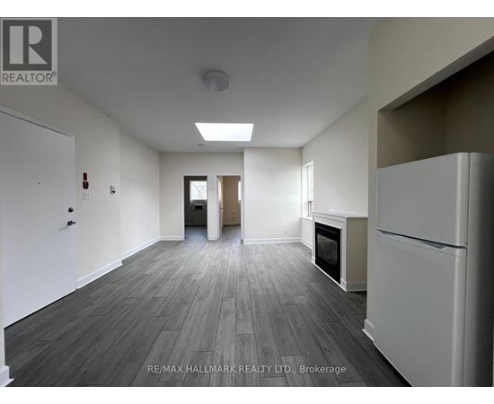 A spacious room with a fireplace and a refrigerator.