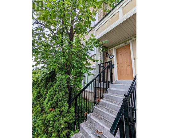 A brown door is on the right side of a staircase with a black railing.