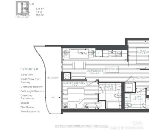A floor plan of a home with a balcony, master bedroom, and two bathrooms.