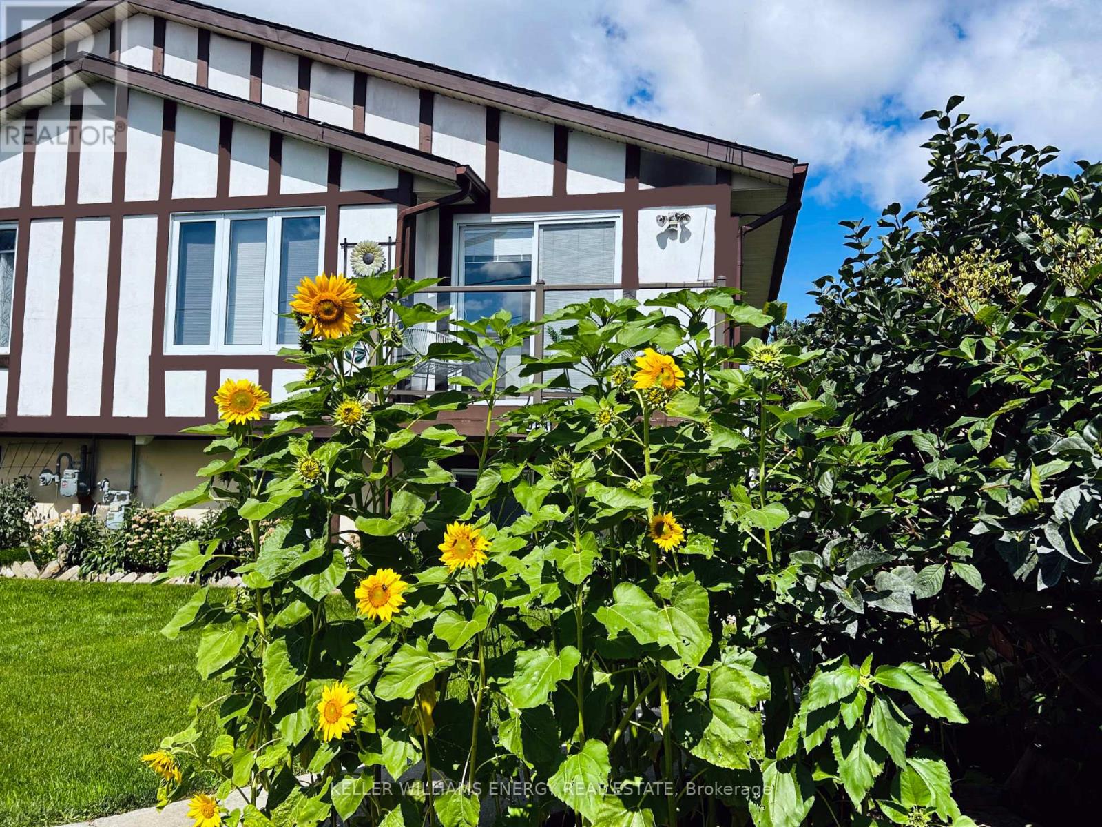 Sunflowers in front of a house with a sign that says "REALTOR".