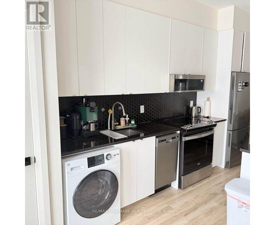 A modern kitchen with a washing machine and a refrigerator.