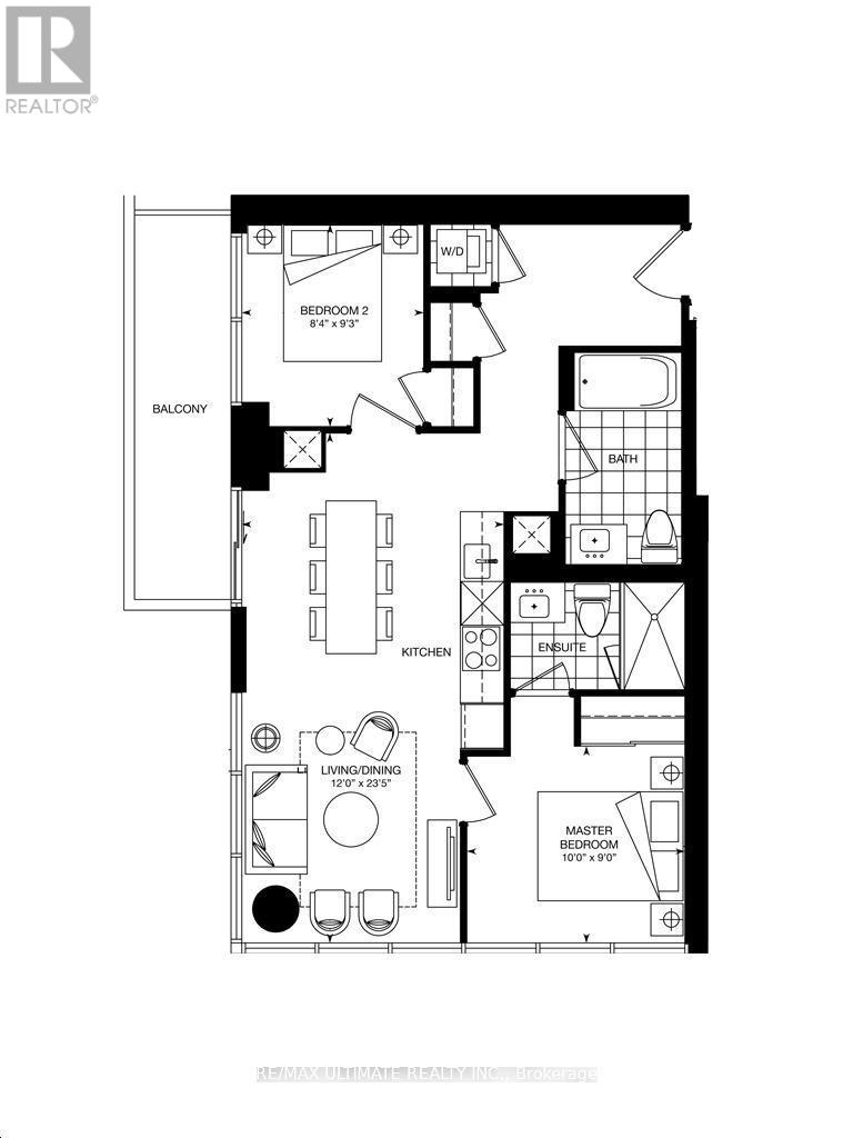 A black and white floor plan of a house with a balcony and two bedrooms.